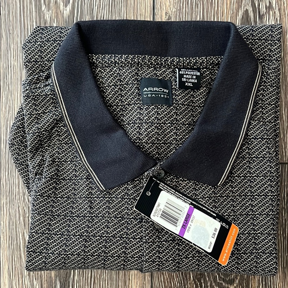 NWT Arrow Easy Care Black Gray Long Sleeve Patterned Polo Shirt Mens Size XXL